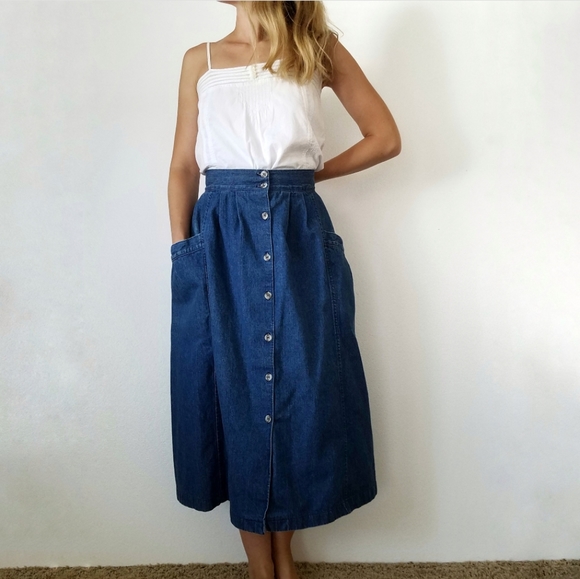 Vintage Dresses & Skirts - Vintage denim button front midi A-line skirt